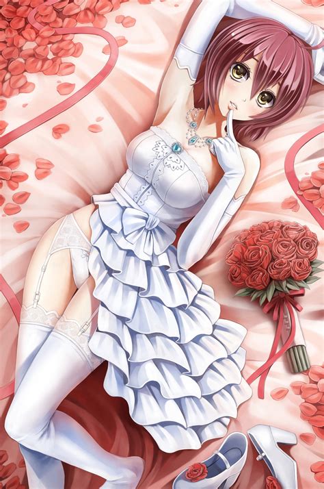 Wallpaper Illustration Flowers Anime Girls Short Hair Legs Bed Cartoon Wedding Dress