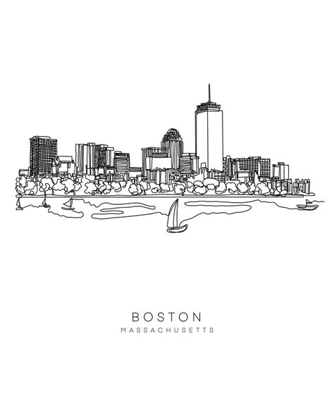 Boston Skyline 8x10 Single Line Art Print Black And White Etsy
