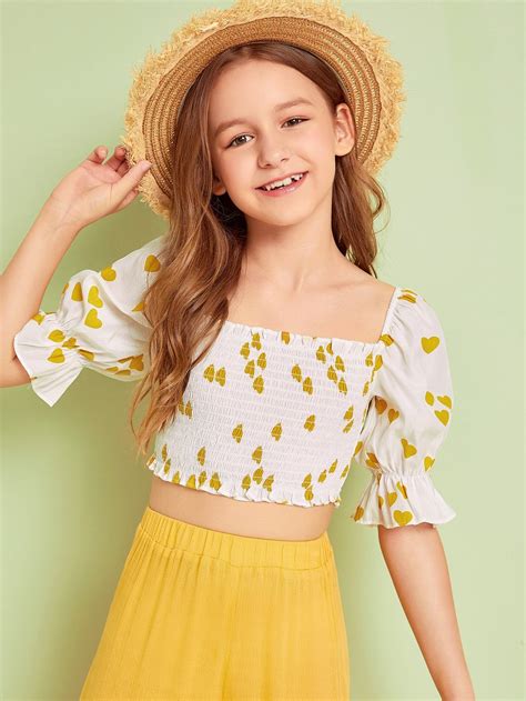 Girls Frill Trim Flounce Sleeve Shirred Crop Top Kids Summer Dresses