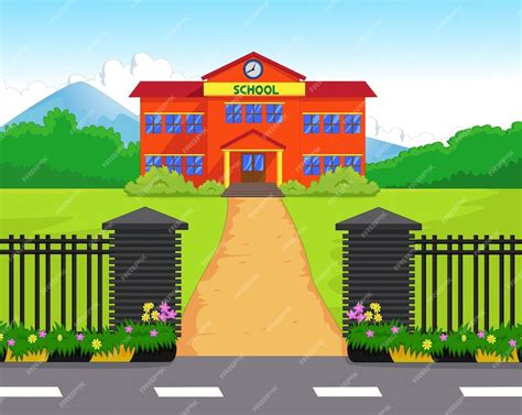 Premium Vector Cartoon School Building With Green Yard