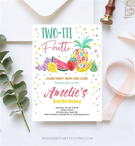 Editable Twotti Frutti 2nd Birthday Invitation Tutti Frutty Fruit