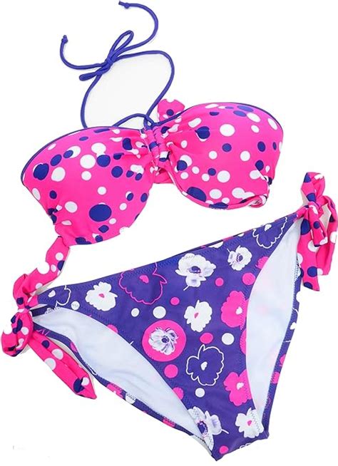Polka Dot Floral Sexy Bandeau Bikini Swimsuit Set Pink