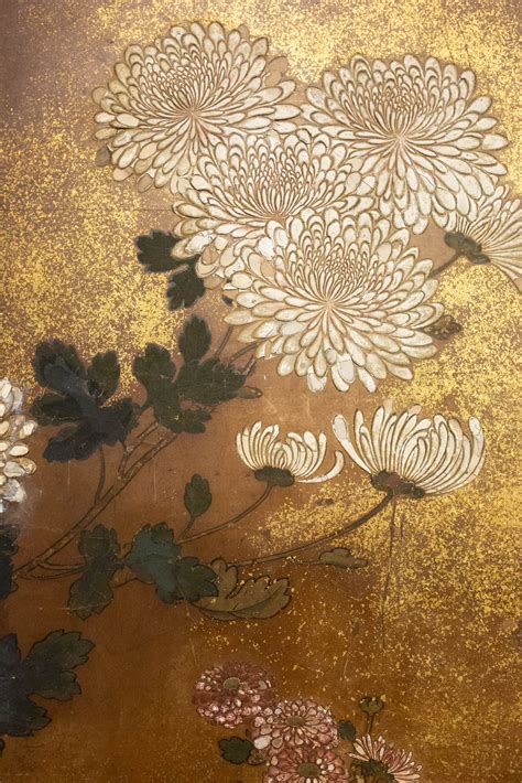 Japanese Two Panel Screen: Rimpa Painting of Chrysanthemums - Naga Antiques