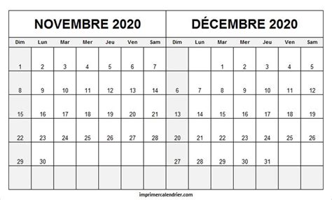Calendrier Novembre Décembre 2020 Imprimable Calendrier 2020 Vierge