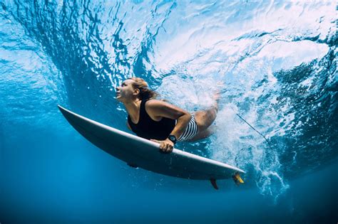 Surfer Woman Dive Underwater Surfgirl Dive Under Big Wave Stock Photo