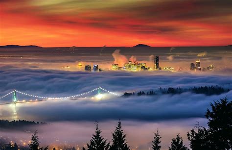 Fog Over Vancouver Bridge Buildings Sunset Fog Canada Hd