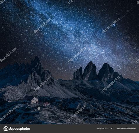 Milky Way Over Tre Cime And Dreizinnen Hut Dolomites Stock Photo By