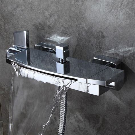 Contemporary Wall Mount Waterfall 2 Handle Chrome Bathtub Filler Faucet With Hand Shower