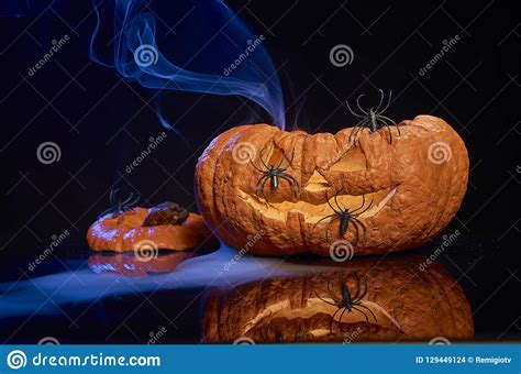 Halloween Pumpkins Smile And Scrary Eyes For Party Night Stock Photo