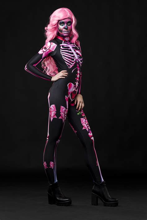 Pink Sugarskull Skeleton Halloween Full Body Jumpsuit Catsuit Costume