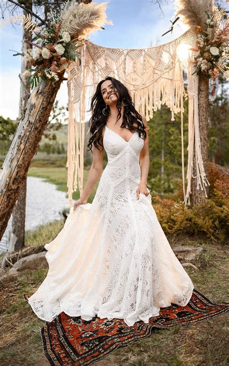 Modern Boho Wedding Dress With Linear Lace Details All