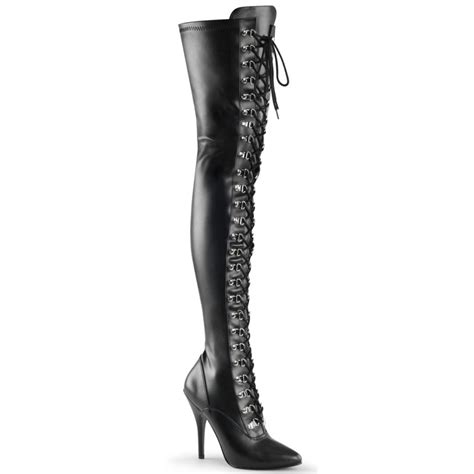 Lace Up Front Thigh High Black Boots In Black Faux Leather