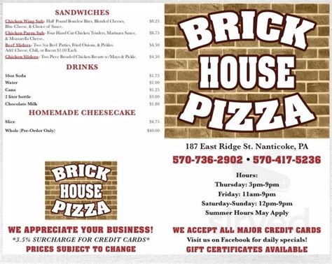 Brick House Pizza Menu In Nanticoke Pennsylvania Usa