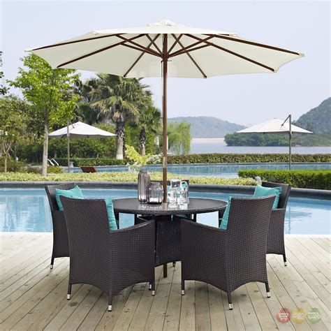 From cute bistro tables to expansive outdoor dining furniture collections, patio furniture sets the tone for your backyard entertainment zone. Convene Modern 7pc Outdoor Patio Rattan Round 47" Dining Table Set, Espresso Turquoise
