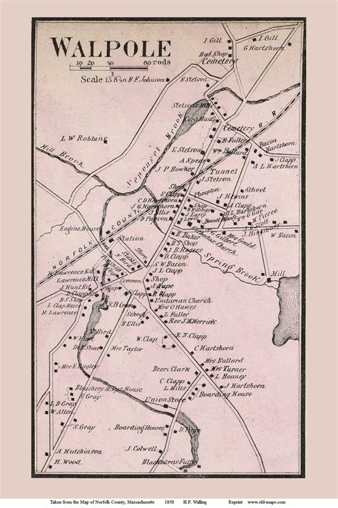 Walpole Village Massachusetts 1858 Old Town Map Custom Print Norfolk