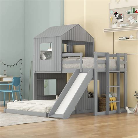 Meritline House Bunk Beds With Slide Twin Over Full Bunk