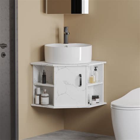 20 White Floating Small Corner Bathroom Vanity With Ceramics Single