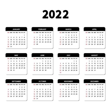 Calendar 2022 Year The Week Starts Sunday Annual English Calendar