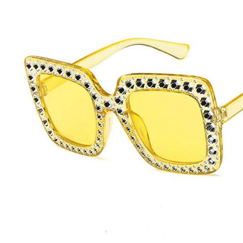 Women Fashion Large Square Frame Bling Rhinestone Sunglasses Yellow Frame Yellow Lens