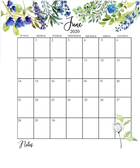 June 2020 Floral Calendar Calendar Printables Free Printable Floral