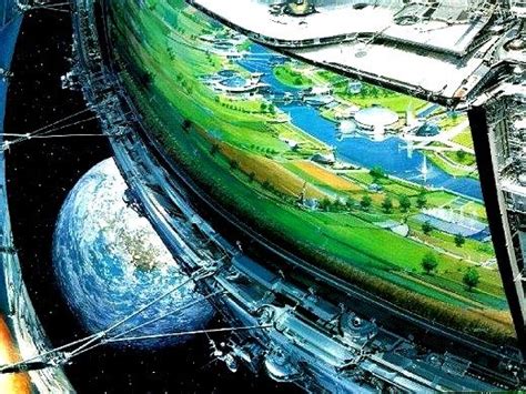 view into an orbiting artificial world orbitingworld spacecolony artificialworld space art