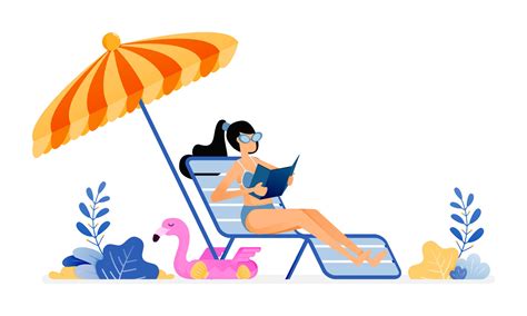 Happy Vacation Illustration Of Woman Sunbathing And Enjoying A Holiday By Beach In Peace Under