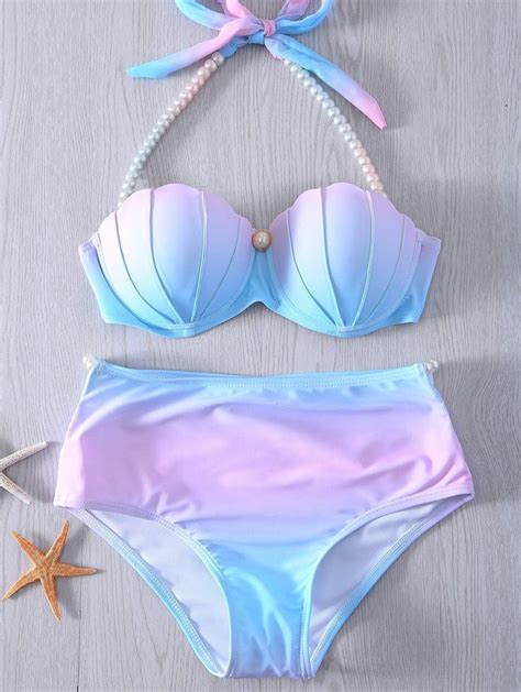 Stylish Halter Neck Tie Dye High Waist Pearl Embellished Bikini Set