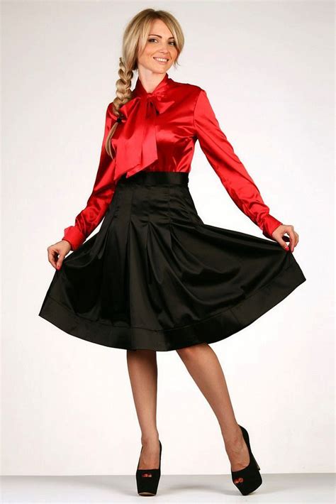 Red Satin Fitted Bow Blouse With Black Satin Skirt Satin Bow Blouse Elegant Outfit Skirt Fashion