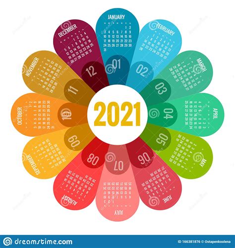 Calendario 2021 Colorido La Semana Empieza El Domingo Orientación Vertical Conjunto De 12 Meses