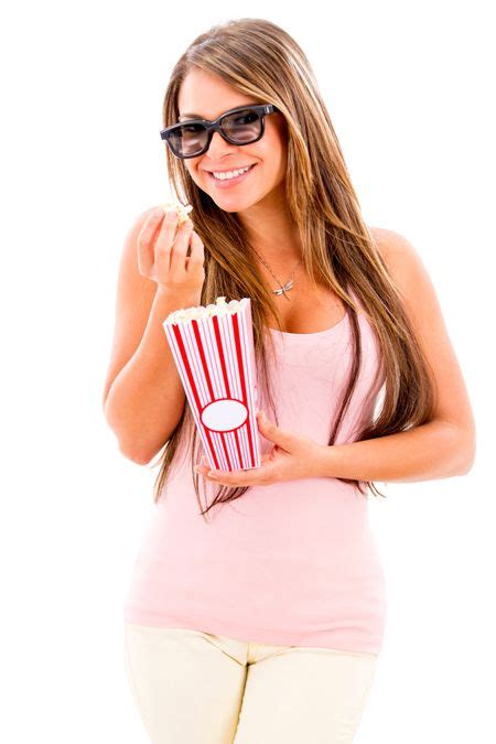 Beautiful Woman Eating Popcorn And Wearing A 3D Movie Glasses