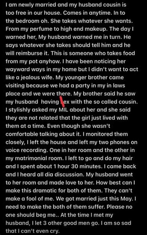 “how I Caught My Husband Having Sex With Lady He Claims To Be His Cousin” Newly Married Woman