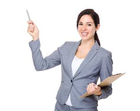 Businesswoman Hold With Clipboard And Pen Point Up Stock Photo Image
