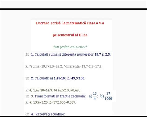 Model De Teză Clasa A 5 A La Matematică Pe Semestrul 2 Modulul 345