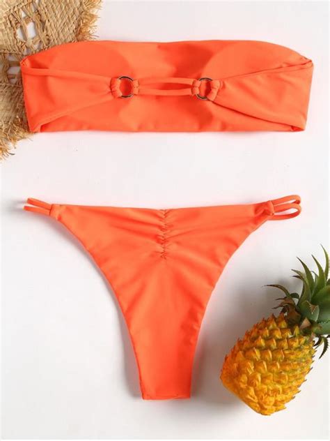 16 Off 2020 Bandeau Tube String Bikini In Dark Orange Zaful Australia