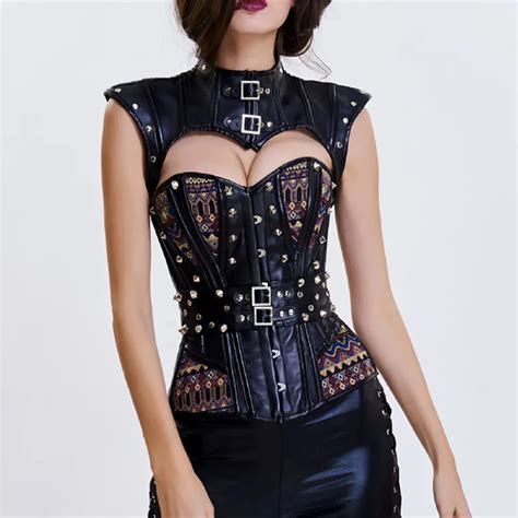 Black Leather With Rivets Corsets And Bustiers Burlesque Korsett For Women Sexy Corset Steampunk