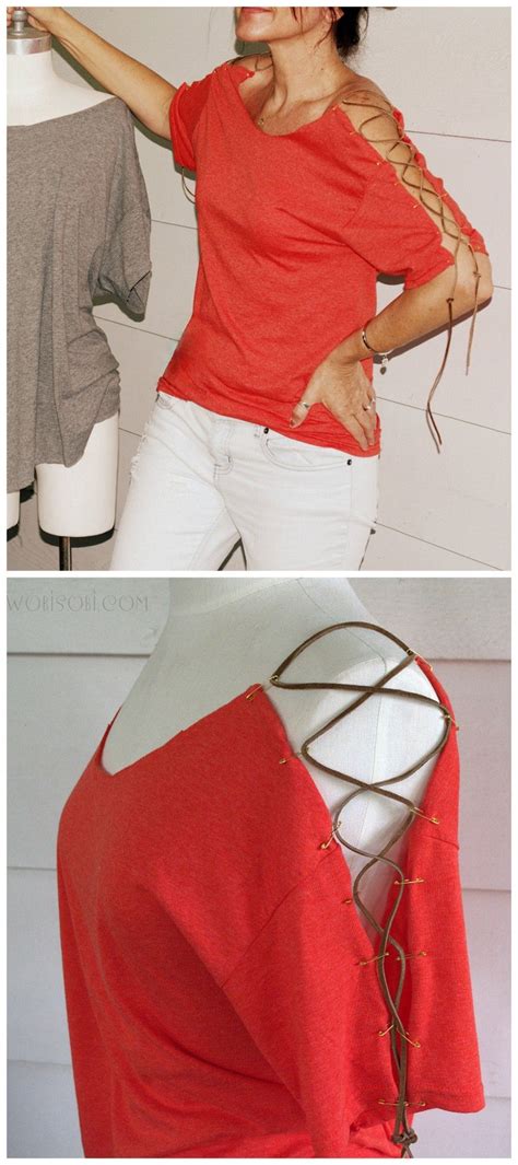 diy leather lace up tee shirt restylemake this easy no sew laced up shoulder tee using safety