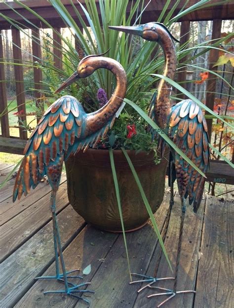 Copper Patina Garden Heron Pair Metal Statues Bird Art Sculptures Crane
