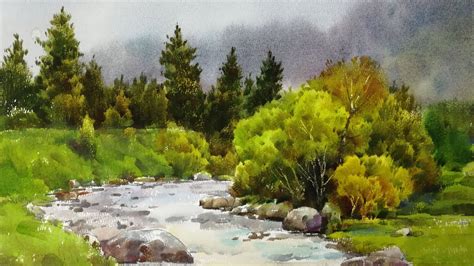 Watercolor Landscape Painting Little Stream In The Forest Youtube