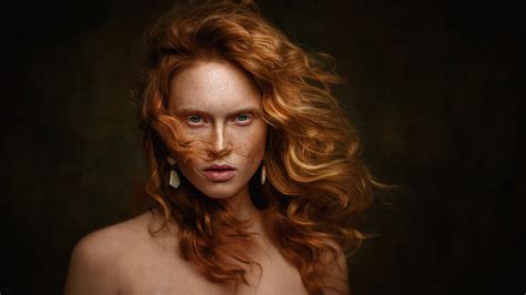 Women Arina Bikbulatova Redhead Blue Eyes Freckles Portrait Wind Simple