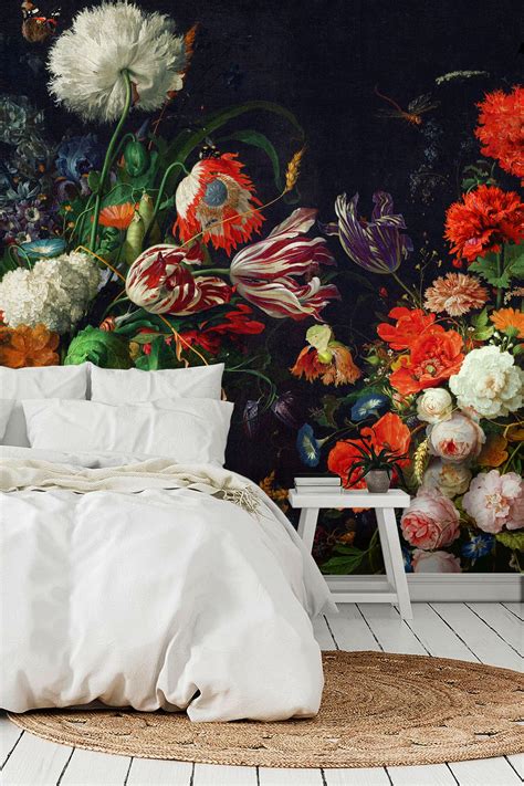 Floral Garden Peel And Stick Wallpaper Bold Dark Floral Wall Etsy
