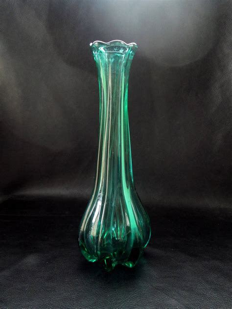Green Glass Vase Vintage Small Sleek Single Flower Vase