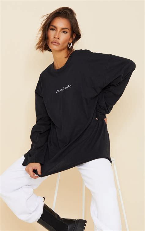 Plt Organic Black Oversized Long Sleeve T Shirt Prettylittlething