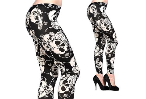 Rkn37 Banned Skull White Rose Rockabilly Gothic Goth Day Of Dead Pants Leggings Womens Clothing