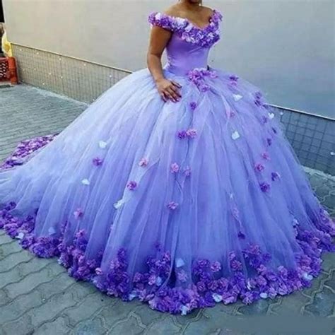 Purple Quinceanera Dresses With Handmade Flowers Off The Shoulder Bridal Dress Long Train Lace