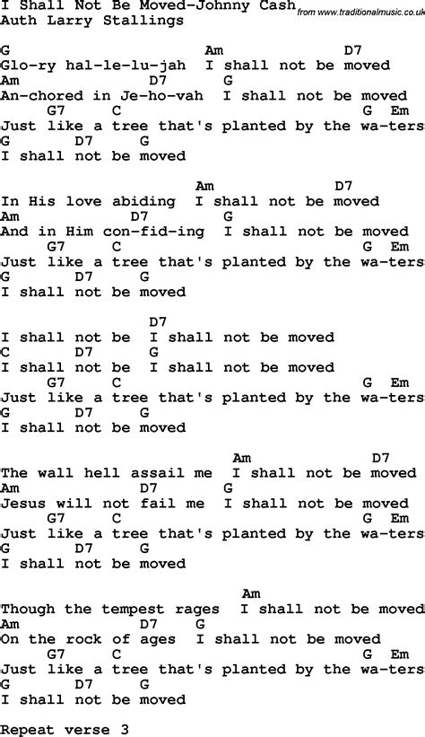 Country Southern And Bluegrass Gospel Song I Shall Not Be Moved Johnny Cash Lyrics With Chords