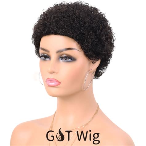 Gandt 100 Brazilian Hair Short Machine Made Wig Afro Kinky Curly Wig Natural Color Remy Human