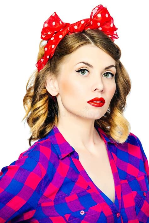 Portrait Of Beautiful Pinup Woman With Vintage Makeup And Hairstyle