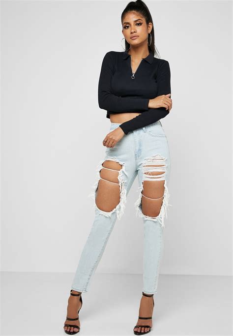 Buy Missguided Blue Riot High Rise Ripped Mom Jeans For Women In Mena