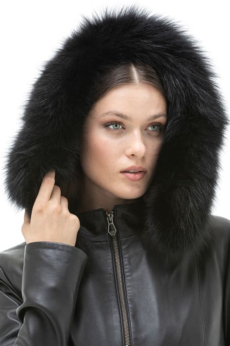 Women S 100 Real Black Leather Detachable Fur Hooded Coat