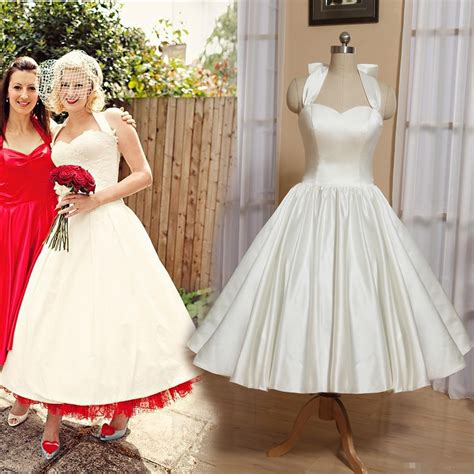 2019 Vintage A Line Wedding Dresses Halter 1950s Tea Length Bow Lace Up